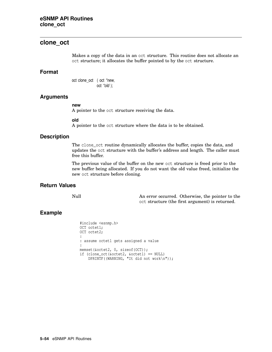 Compaq AAR04BCTE manual Cloneoct, ESNMP API Routines cloneoct, Old 