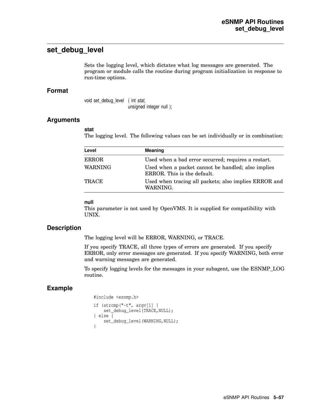 Compaq AAR04BCTE manual Setdebuglevel, ESNMP API Routines setdebuglevel, Stat, Null 