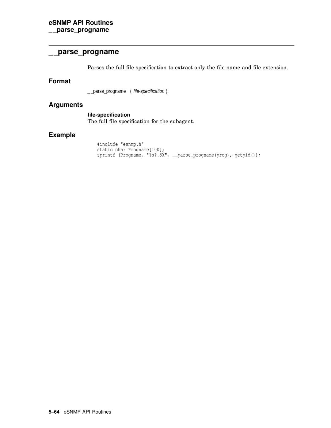 Compaq AAR04BCTE manual Parseprogname, ESNMP API Routines parseprogname, ﬁle-speciﬁcation 