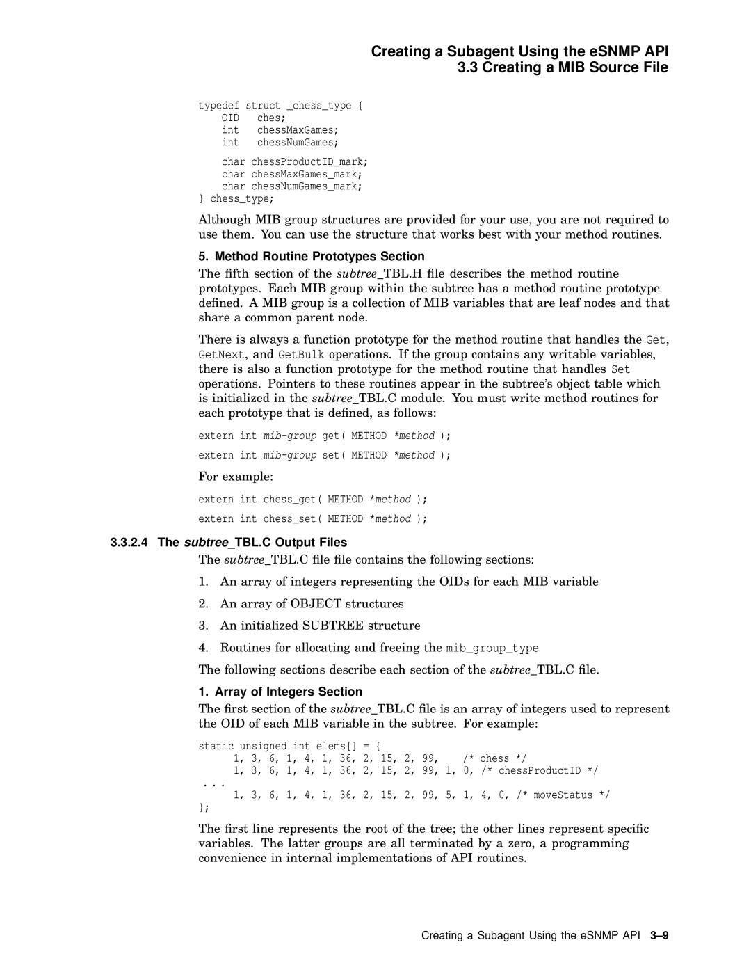 Compaq AAR04BCTE manual Method Routine Prototypes Section, SubtreeTBL.C Output Files, Array of Integers Section 