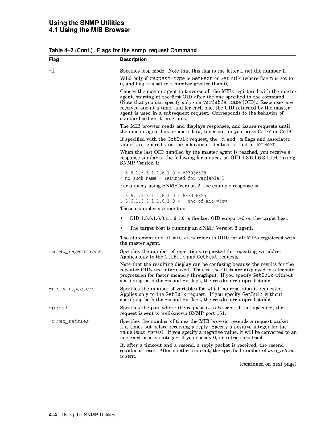 Compaq AAR04BCTE manual Cont. Flags for the snmprequest Command, 6.1.6.3.1.1.6.1.0 = 6.1.6.3.1.1.6.1.0 = end of mib view 