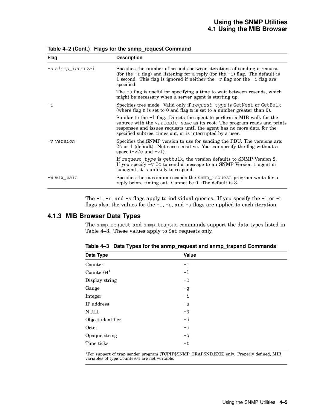 Compaq AAR04BCTE manual MIB Browser Data Types, Data Types for the snmprequest and snmptrapsnd Commands 