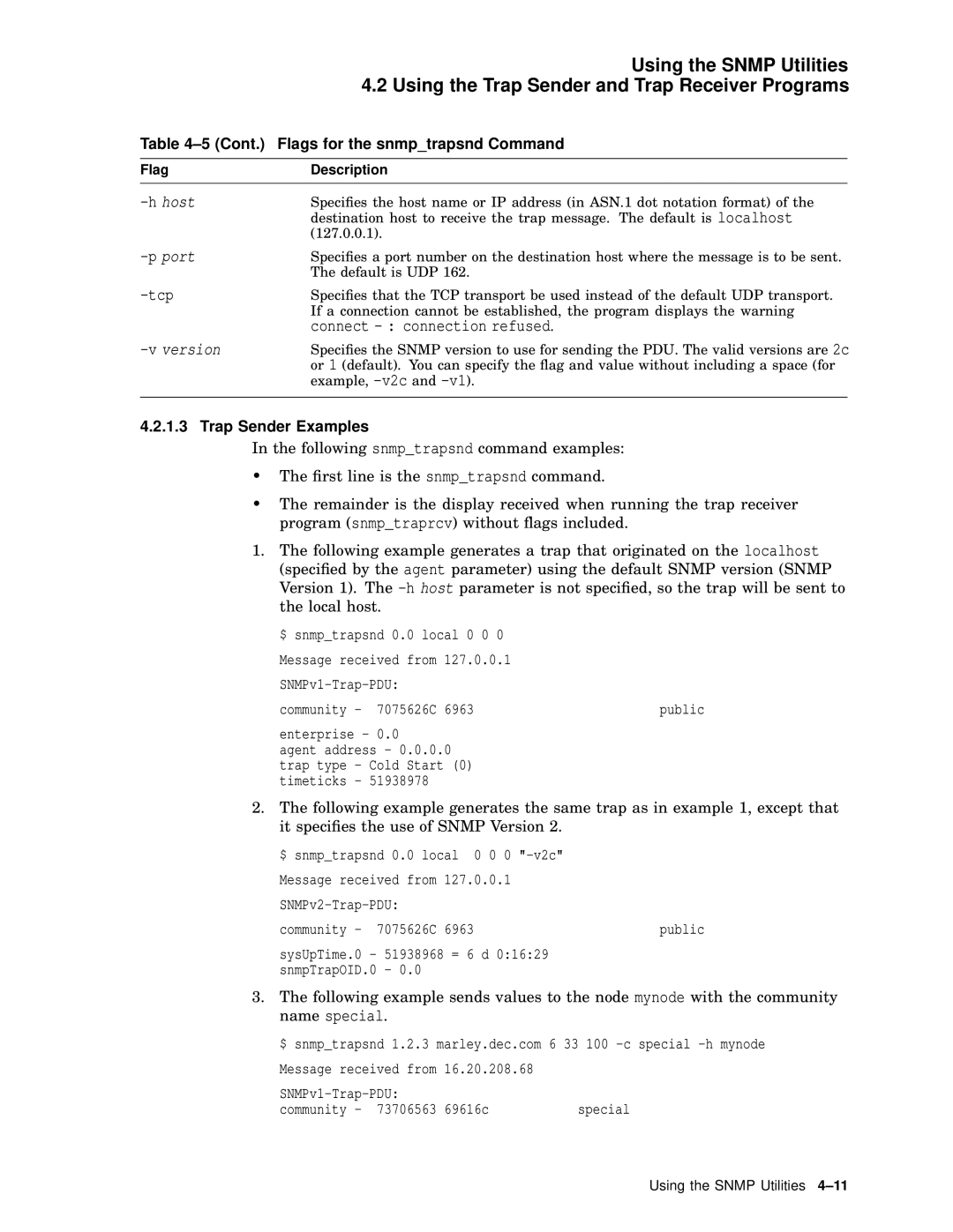 Compaq AAR04BCTE manual Connect connection refused, Cont Flags for the snmptrapsnd Command, Trap Sender Examples 