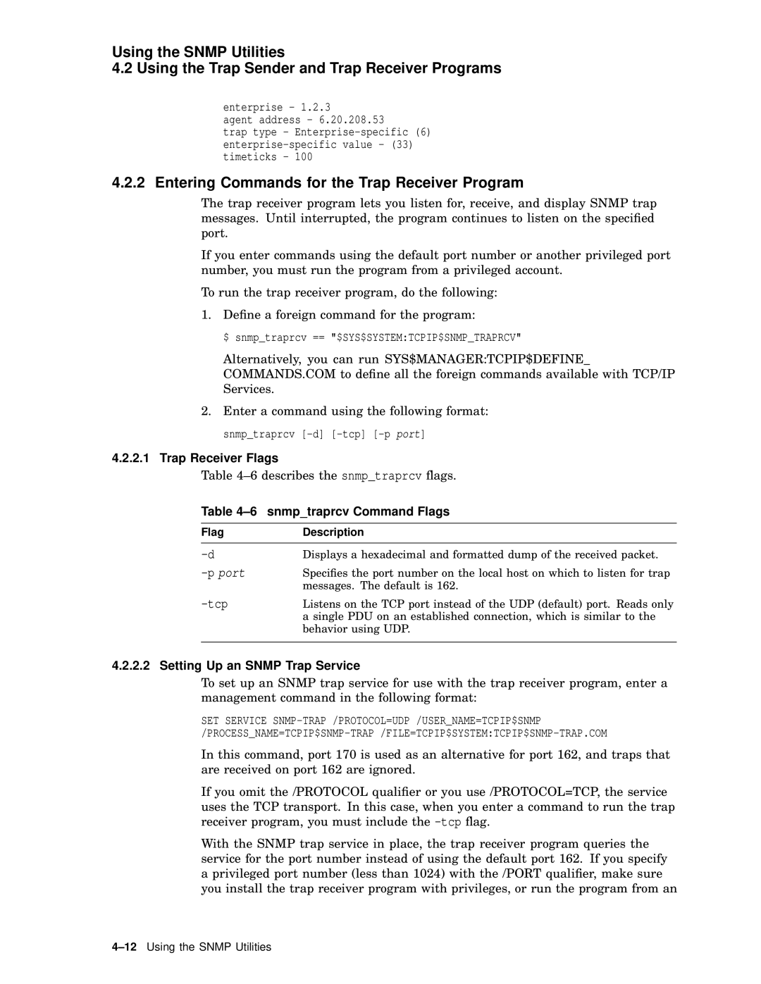 Compaq AAR04BCTE manual Entering Commands for the Trap Receiver Program, Trap Receiver Flags, Snmptraprcv Command Flags 