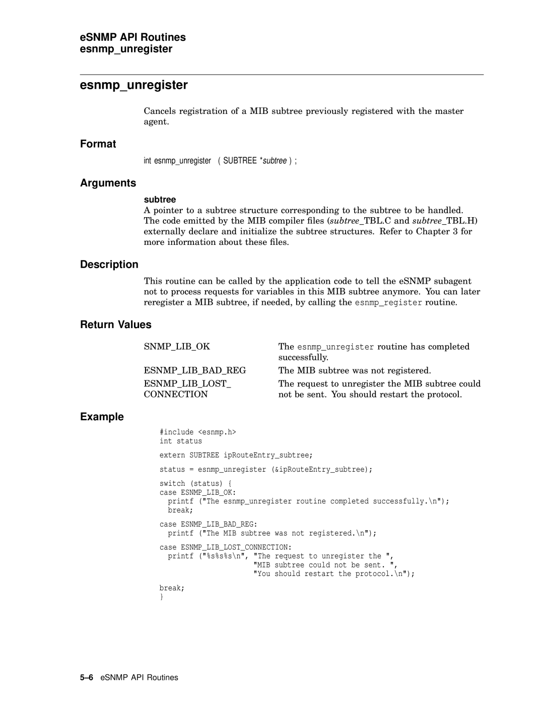 Compaq AAR04BCTE manual Esnmpunregister, ESNMP API Routines esnmpunregister 