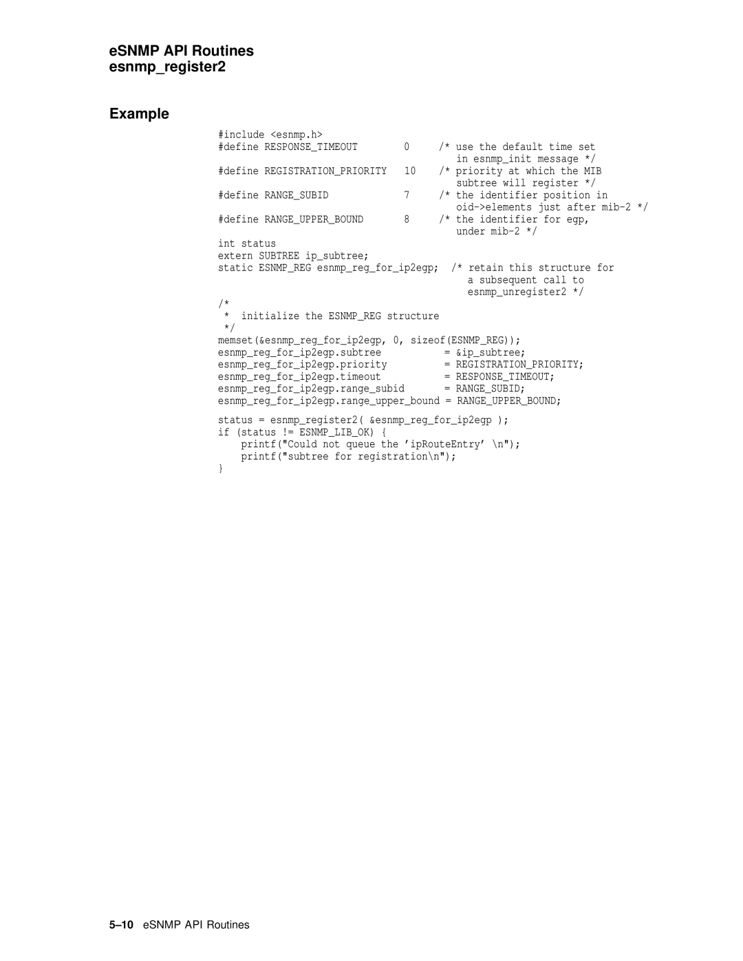 Compaq AAR04BCTE manual ESNMP API Routines esnmpregister2 Example, Int status Under mib-2 Extern Subtree ipsubtree 