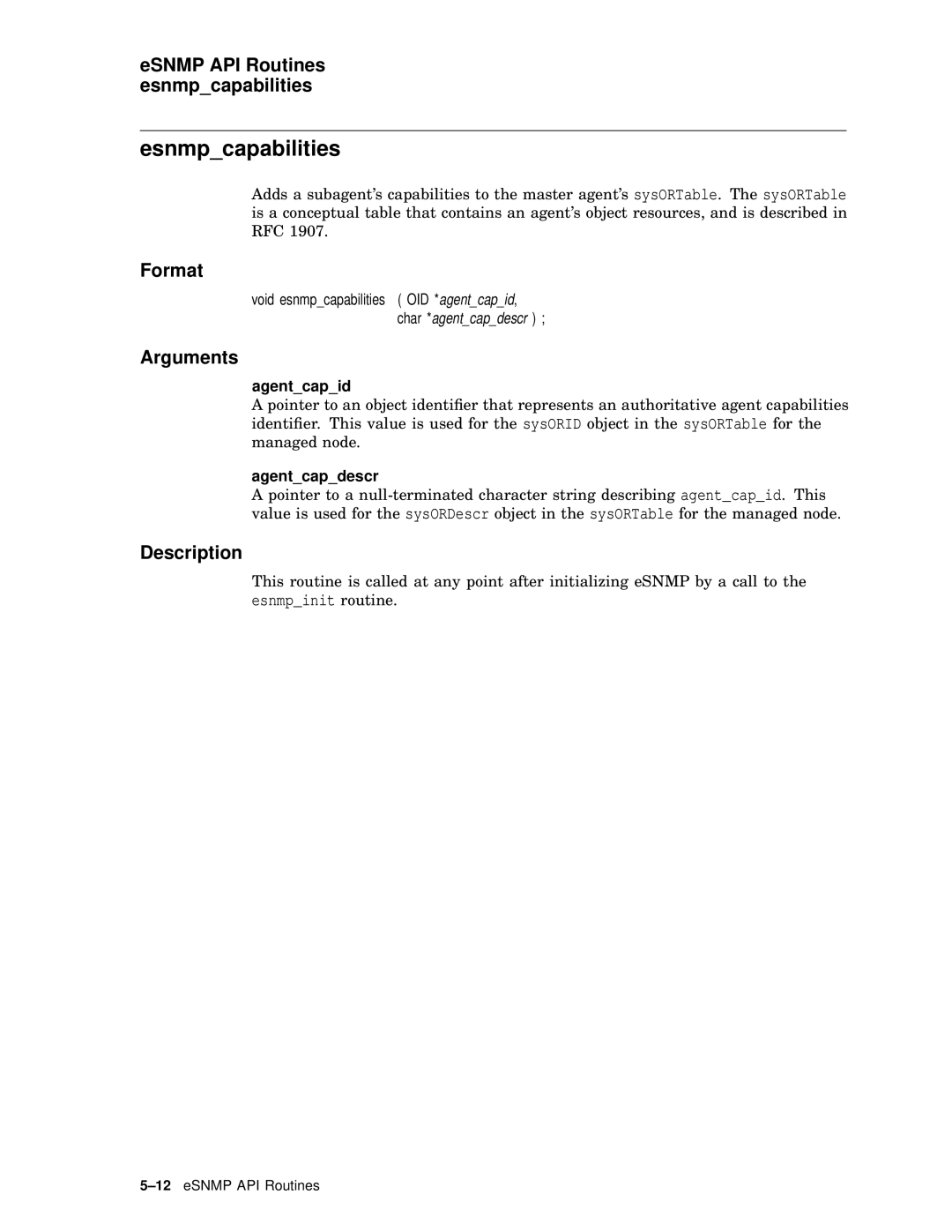 Compaq AAR04BCTE manual Esnmpcapabilities, ESNMP API Routines esnmpcapabilities, Agentcapid, Agentcapdescr 