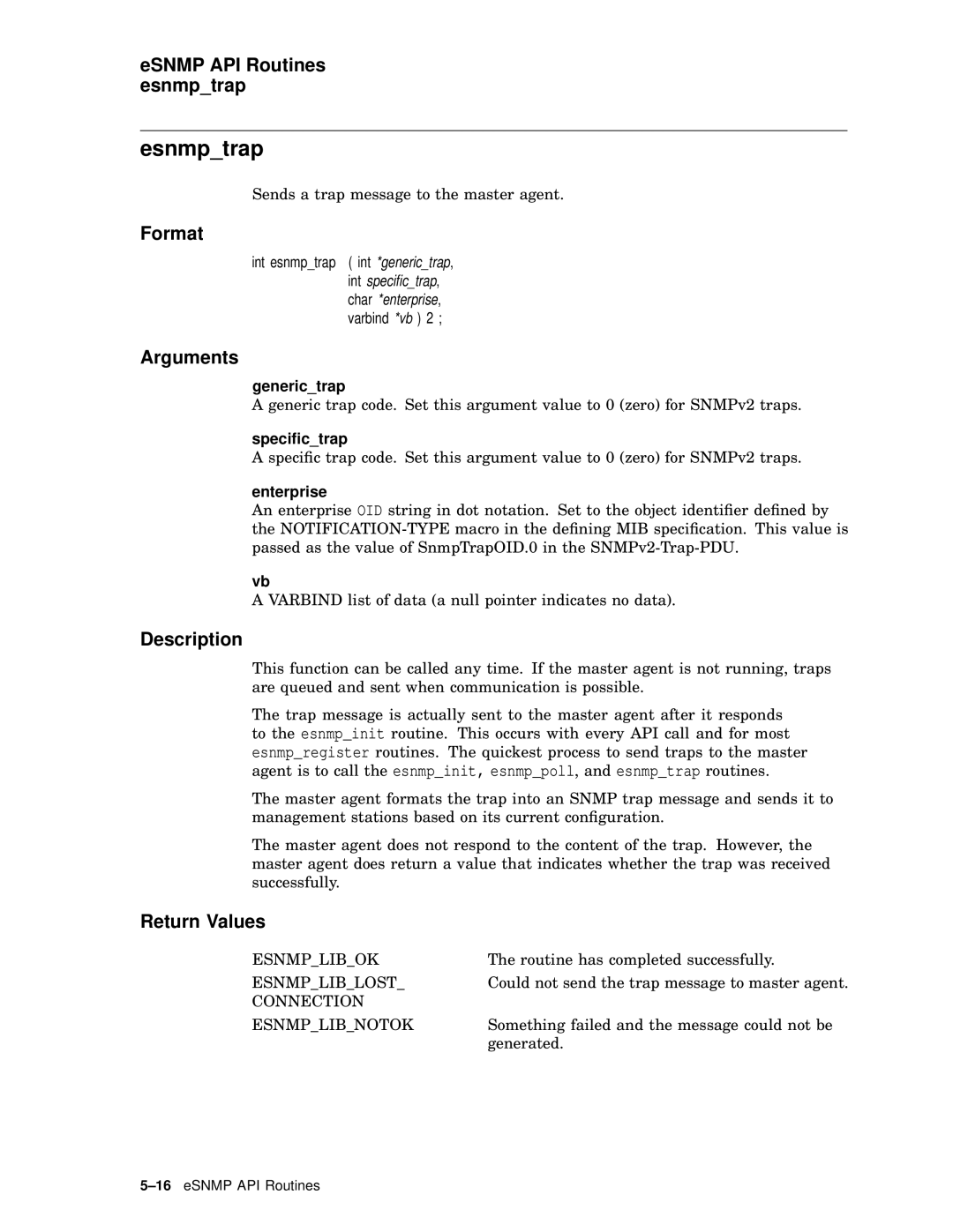 Compaq AAR04BCTE manual Esnmptrap, ESNMP API Routines esnmptrap, Generictrap, Speciﬁctrap, Enterprise 