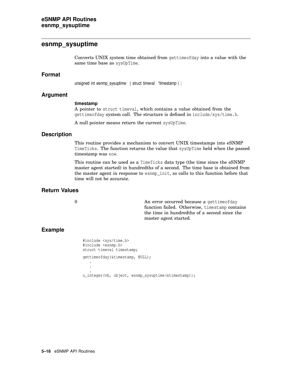 Compaq AAR04BCTE manual Esnmpsysuptime, ESNMP API Routines esnmpsysuptime, Argument, Timestamp 