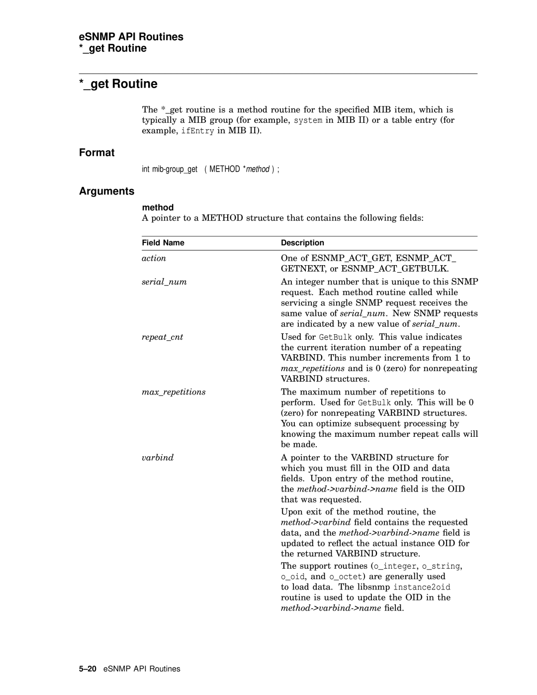 Compaq AAR04BCTE manual ESNMP API Routines Get Routine, Method 