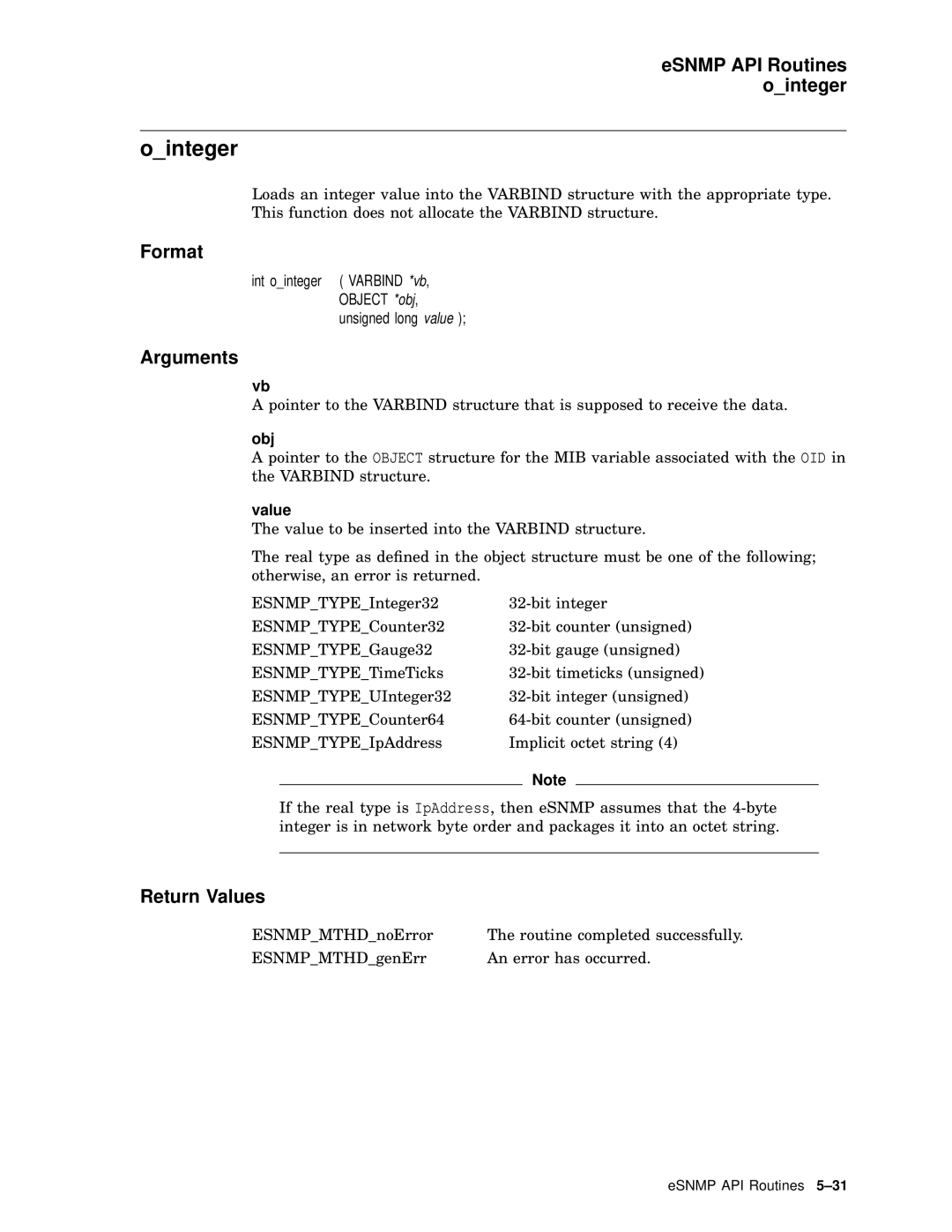 Compaq AAR04BCTE manual Ointeger, ESNMP API Routines ointeger, Obj, Value 