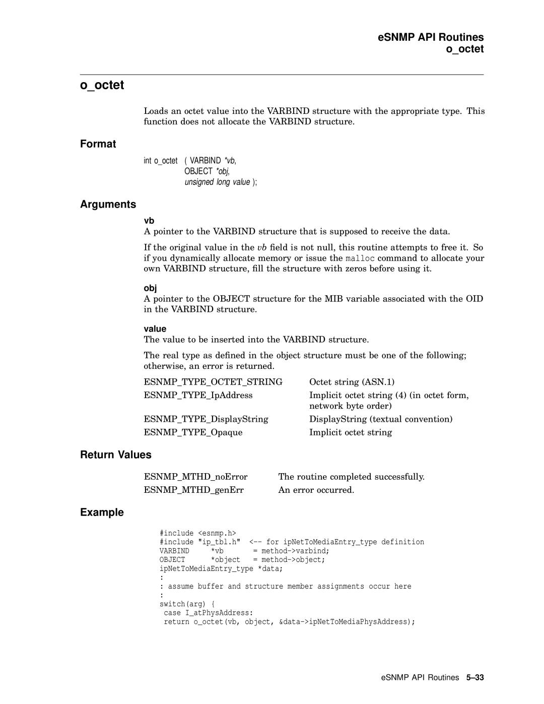 Compaq AAR04BCTE manual Ooctet, ESNMP API Routines ooctet 