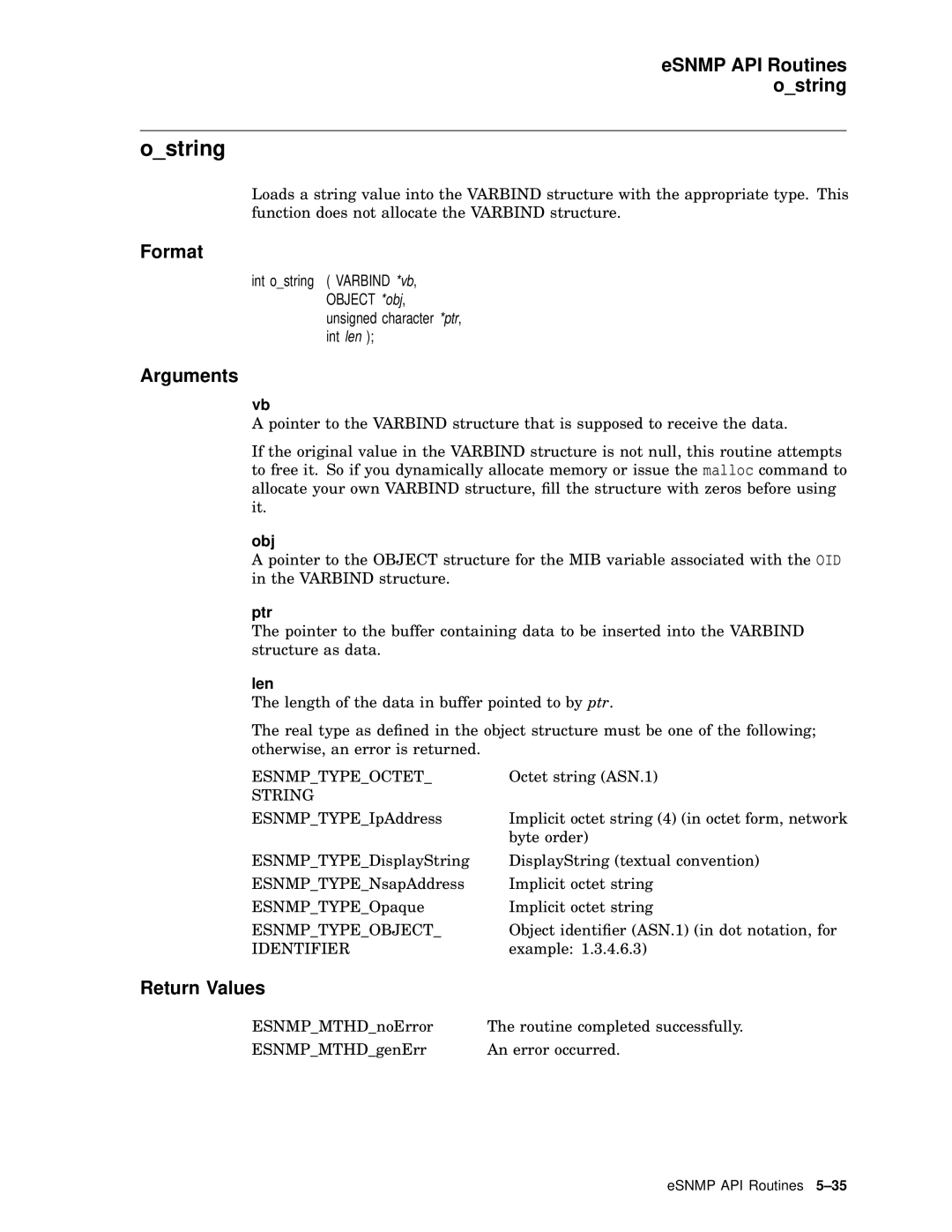 Compaq AAR04BCTE manual Ostring, ESNMP API Routines ostring, Ptr, Len 