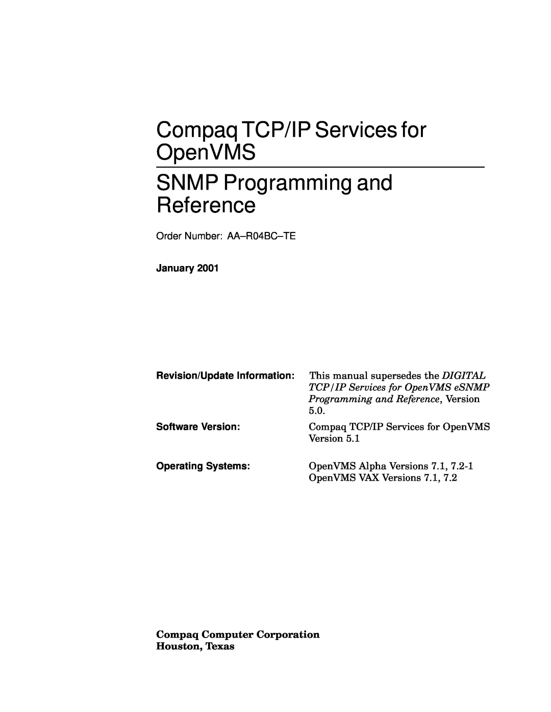 Compaq AAR04BCTE manual January, Compaq TCP/IP Services for OpenVMS SNMP Programming and Reference 