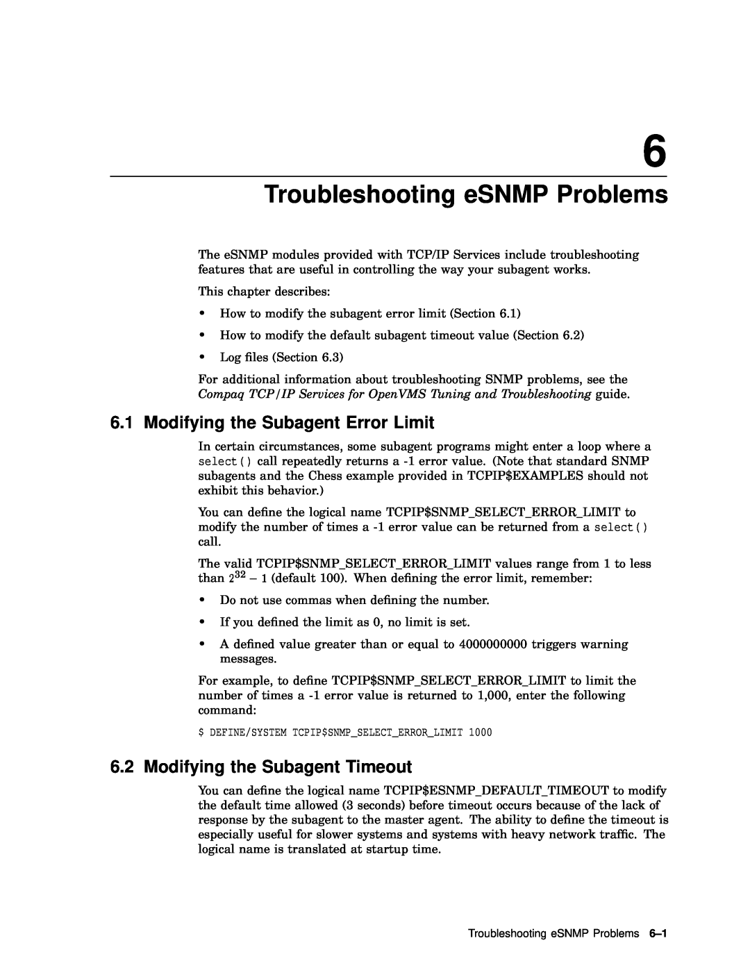 Compaq AAR04BCTE manual Troubleshooting eSNMP Problems, Modifying the Subagent Error Limit, Modifying the Subagent Timeout 