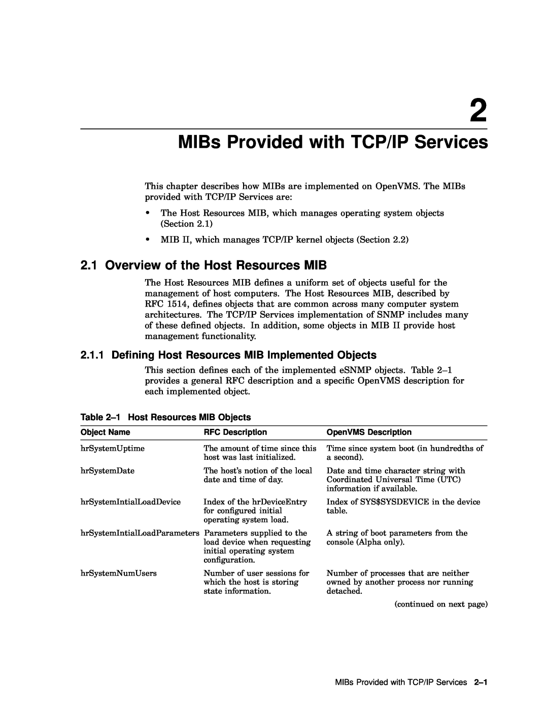 Compaq AAR04BCTE MIBs Provided with TCP/IP Services, Overview of the Host Resources MIB, 1 Host Resources MIB Objects 