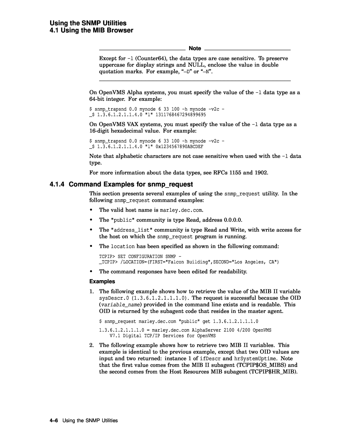 Compaq AAR04BCTE manual Command Examples for snmprequest, Using the SNMP Utilities 4.1 Using the MIB Browser 