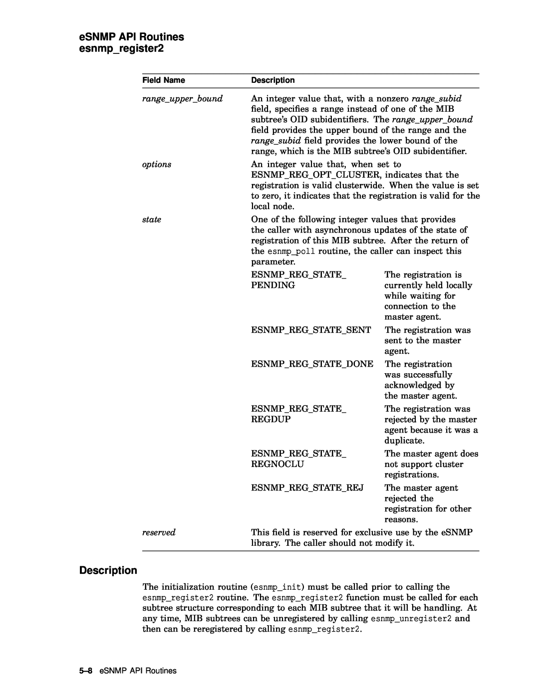 Compaq AAR04BCTE manual eSNMP API Routines esnmpregister2, Description 