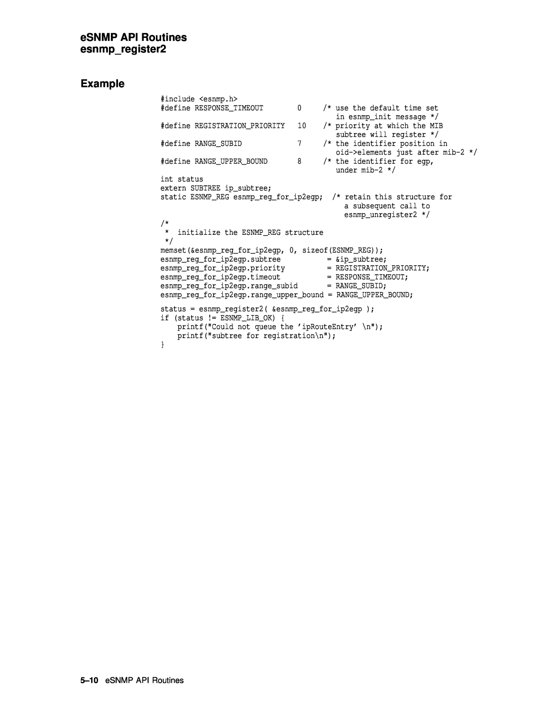 Compaq AAR04BCTE manual eSNMP API Routines esnmpregister2 Example 