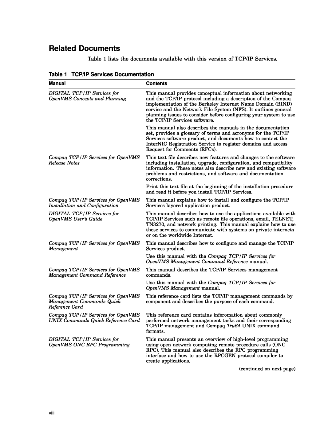 Compaq AAR04BCTE manual Related Documents, TCP/IP Services Documentation, Manual, Contents 