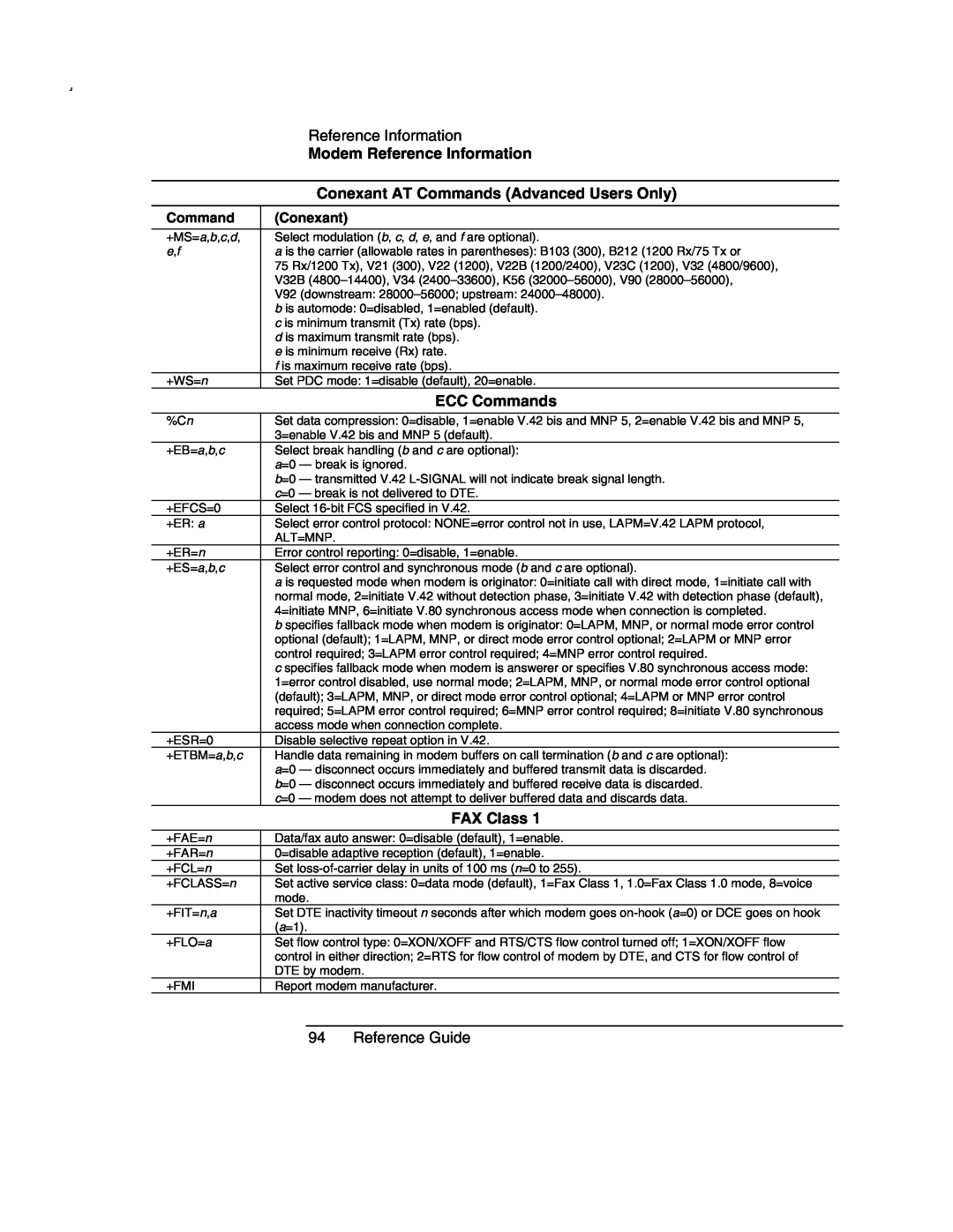 Compaq AMC20493-KT5 manual ECC Commands, FAX Class, Reference Guide, Modem Reference Information, Conexant 