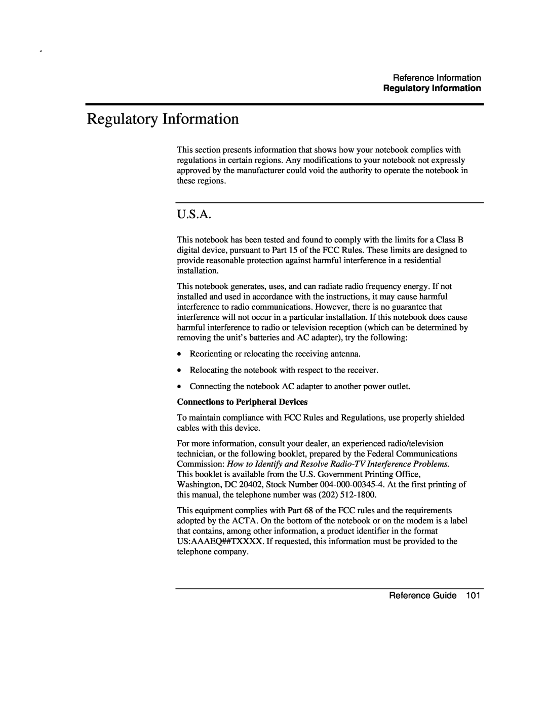Compaq AMC20493-KT5 manual Regulatory Information, U.S.A, Connections to Peripheral Devices 