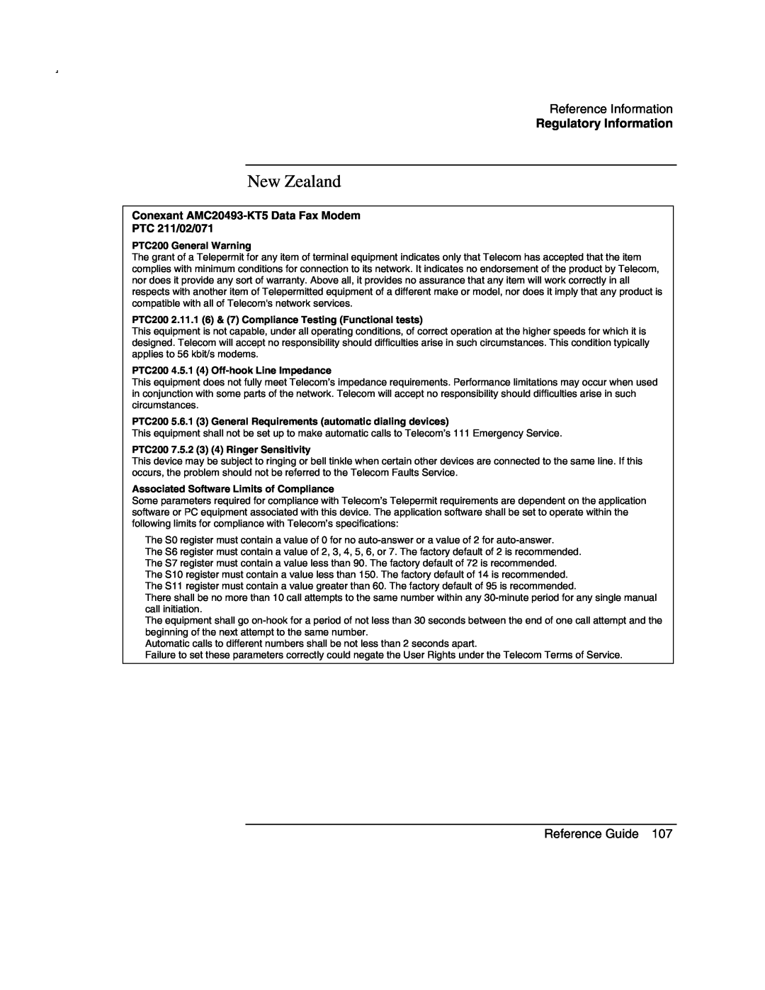 Compaq AMC20493-KT5 New Zealand, Reference Information, Regulatory Information, Reference Guide, PTC200 General Warning 