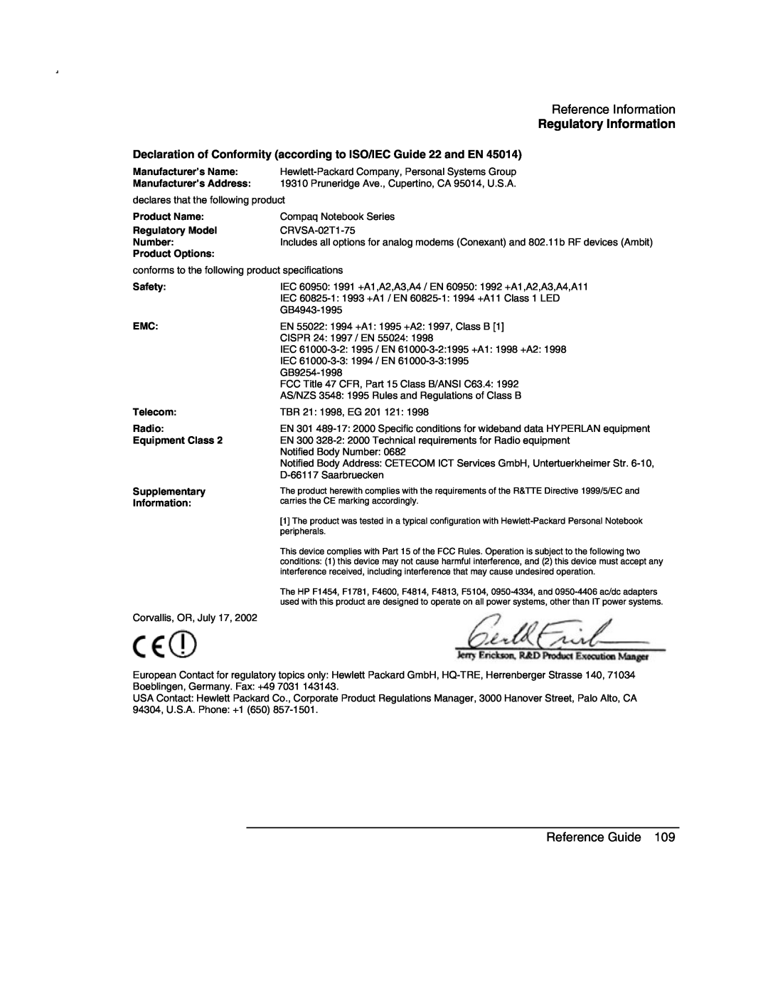 Compaq AMC20493-KT5 Reference Information, Regulatory Information, Reference Guide, Product Name, Regulatory Model, Number 