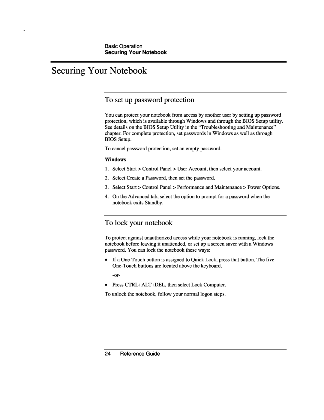 Compaq AMC20493-KT5 manual Securing Your Notebook, To set up password protection, To lock your notebook, Windows 