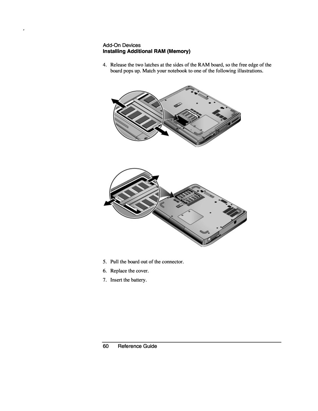 Compaq AMC20493-KT5 manual Reference Guide, Add-On Devices, Installing Additional RAM Memory, Insert the battery 