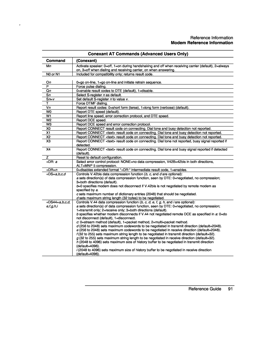 Compaq AMC20493-KT5 Modem Reference Information, Conexant AT Commands Advanced Users Only, Reference Guide, e,f,g,h,i 