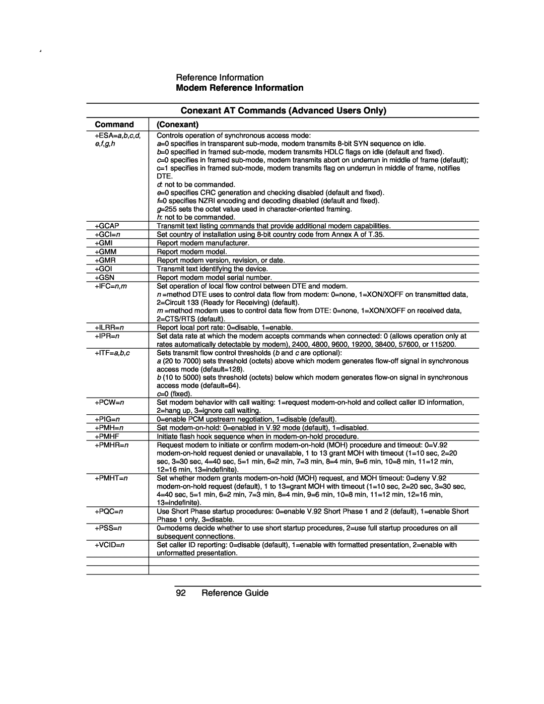 Compaq AMC20493-KT5 Reference Guide, Modem Reference Information, Conexant AT Commands Advanced Users Only, e,f,g,h 