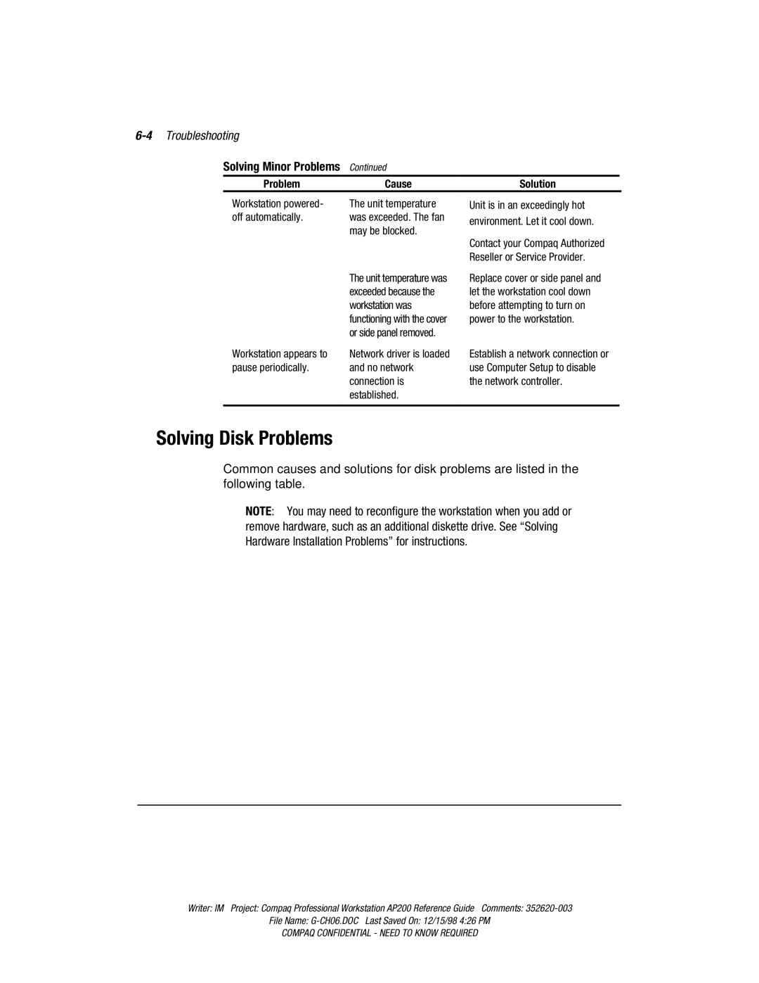 Compaq AP200 manual Solving Disk Problems, 4Troubleshooting 