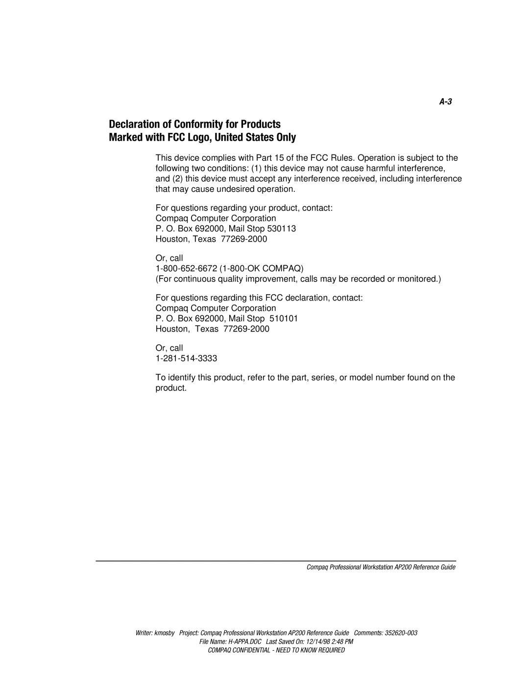 Compaq AP200 manual Compaq Confidential Need to Know Required 