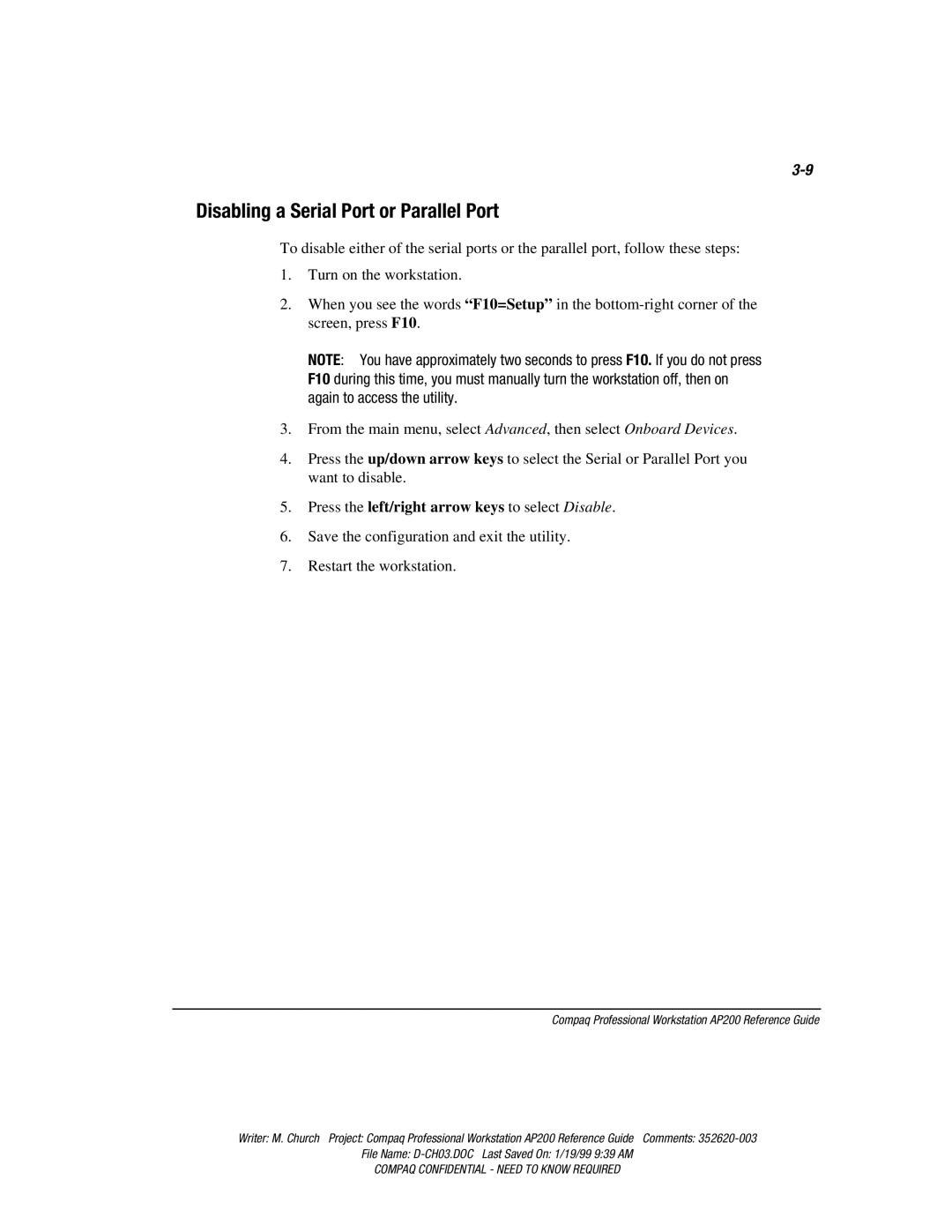 Compaq AP200 manual Disabling a Serial Port or Parallel Port 