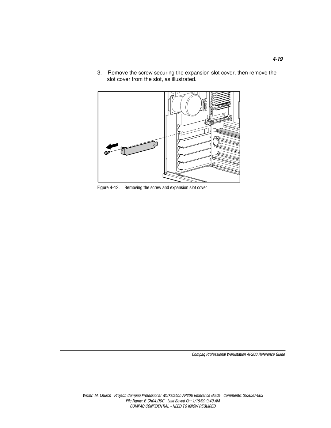 Compaq AP200 manual Removing the screw and expansion slot cover 