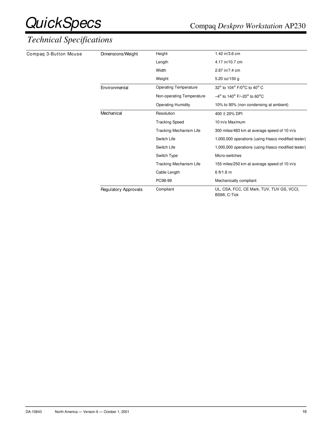 Compaq AP230 warranty Compaq 3-Button Mouse Dimensions/Weight, Regulatory Approvals 