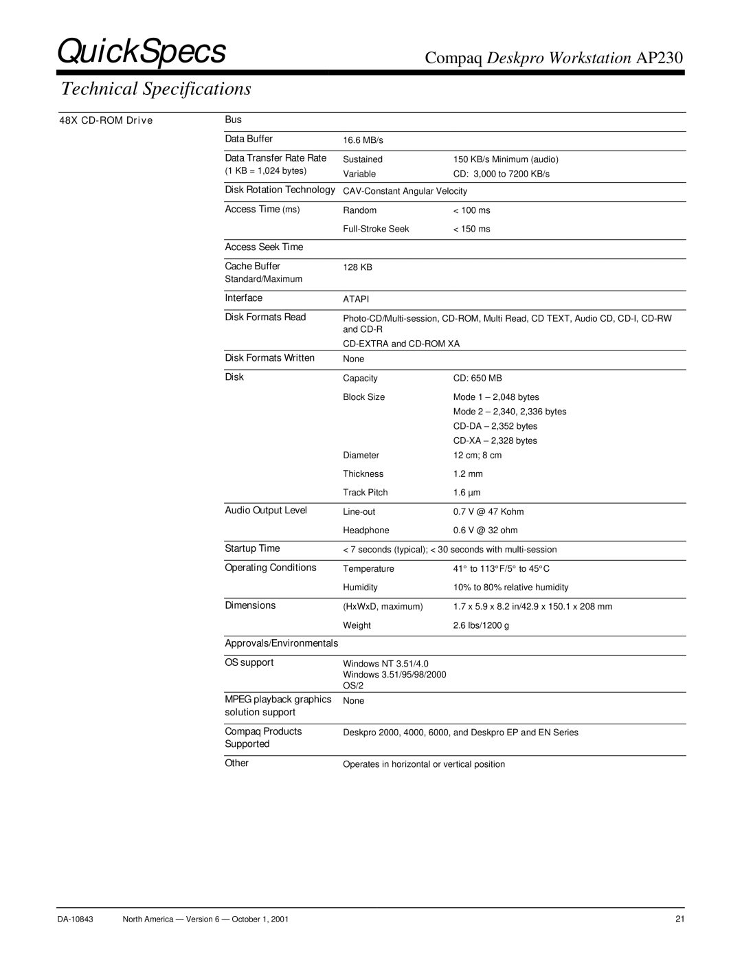 Compaq AP230 warranty 48X CD-ROM Drive Bus Data Buffer, Data Transfer Rate Rate, Disk Rotation Technology, Access Time ms 