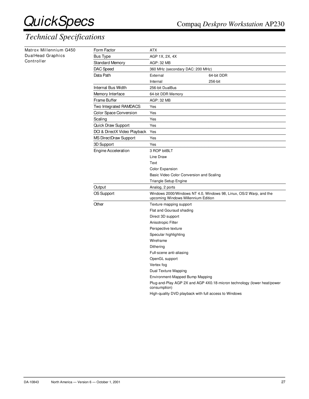 Compaq AP230 Bus Type, Standard Memory, DAC Speed, Data Path, Internal Bus Width, Memory Interface, Frame Buffer, Scaling 