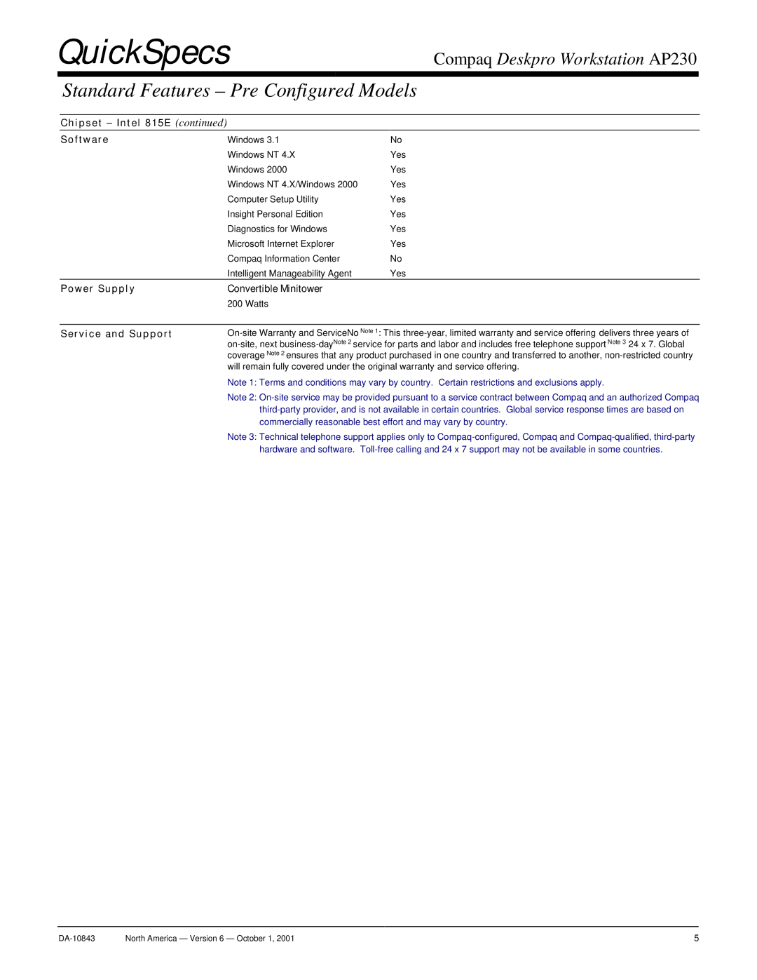 Compaq AP230 warranty Chip se t Intel 8 15 E Softw are, Power Suppl y Convertible Minitower, Ser vi ce and Support 