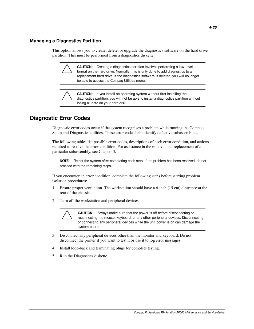 Compaq AP500 manual Diagnostic Error Codes, Managing a Diagnostics Partition 