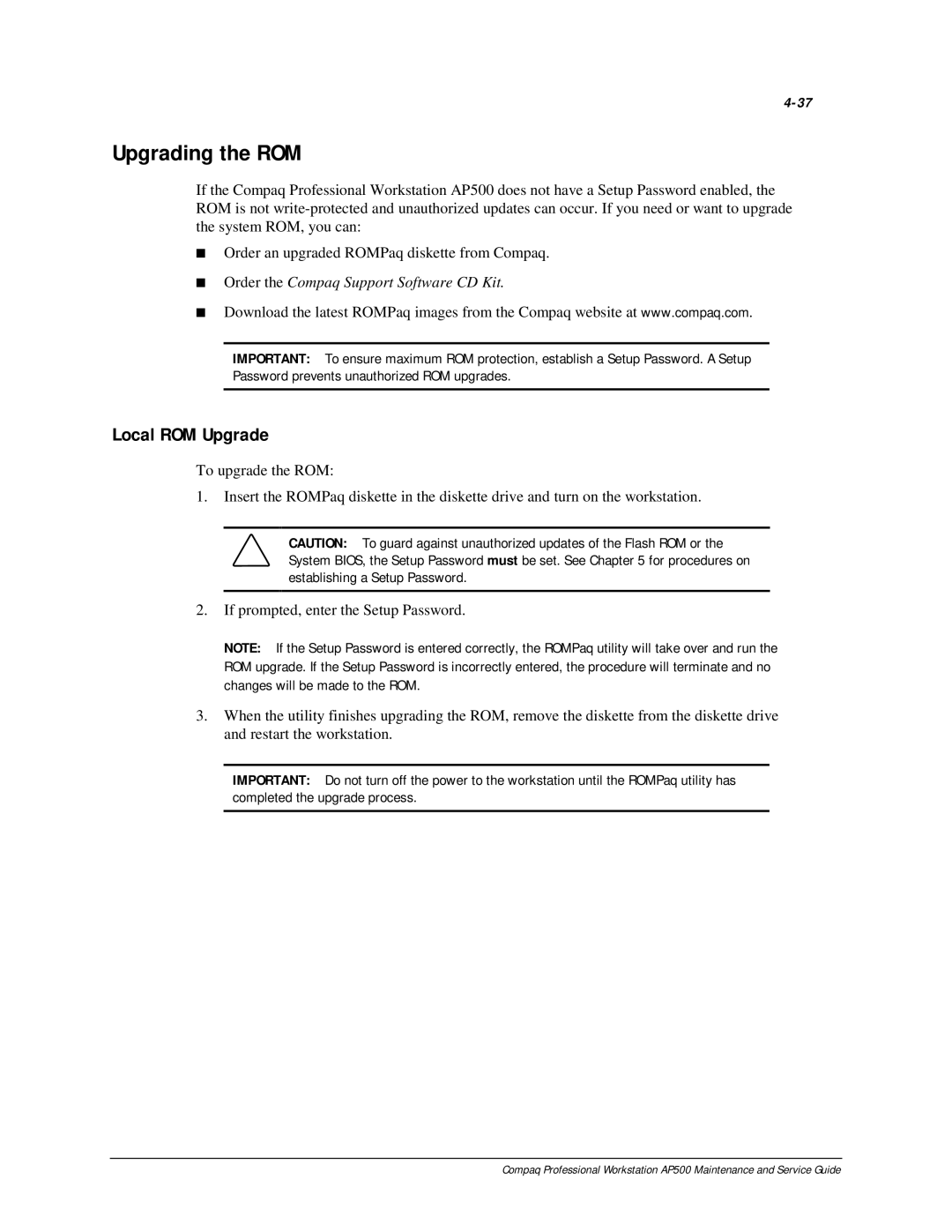 Compaq AP500 manual Upgrading the ROM, Local ROM Upgrade 