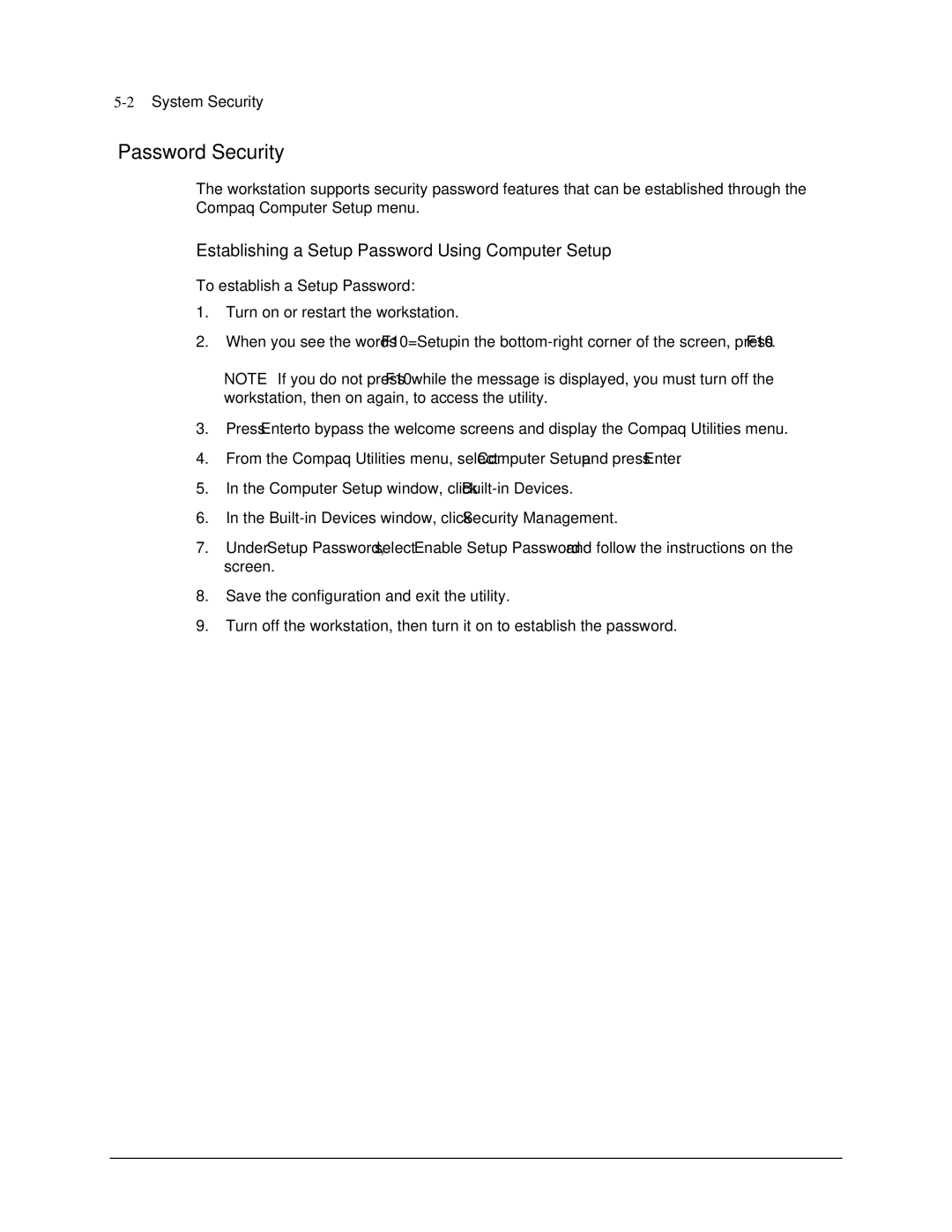 Compaq AP500 manual Password Security, Establishing a Setup Password Using Computer Setup, 2System Security 