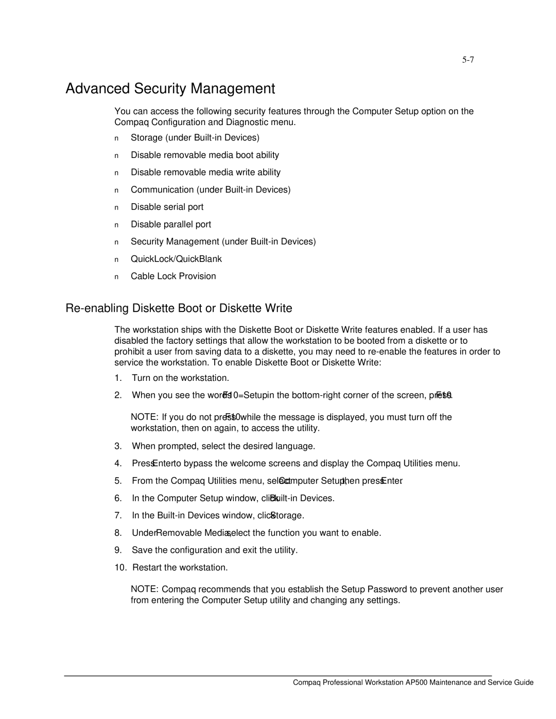 Compaq AP500 manual Advanced Security Management, Re-enabling Diskette Boot or Diskette Write 