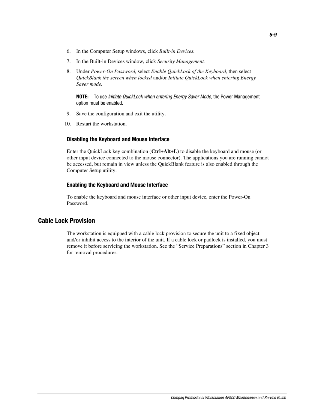 Compaq AP500 Cable Lock Provision, Disabling the Keyboard and Mouse Interface, Enabling the Keyboard and Mouse Interface 