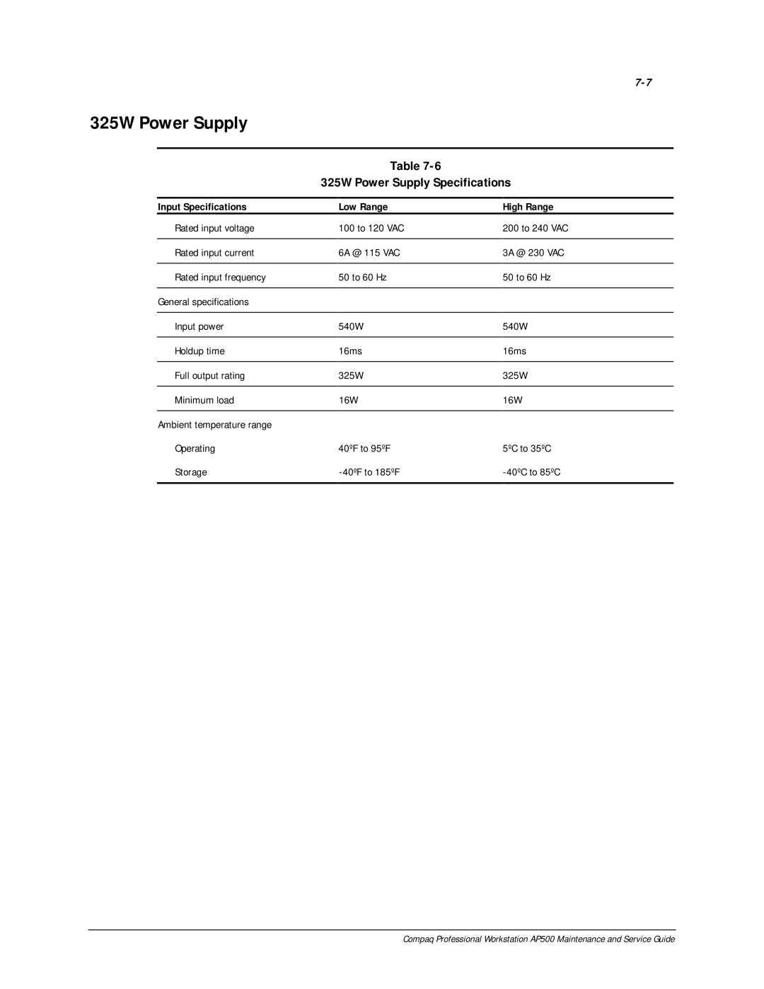 Compaq AP500 manual 325W Power Supply Specifications, Input Specifications Low Range High Range 