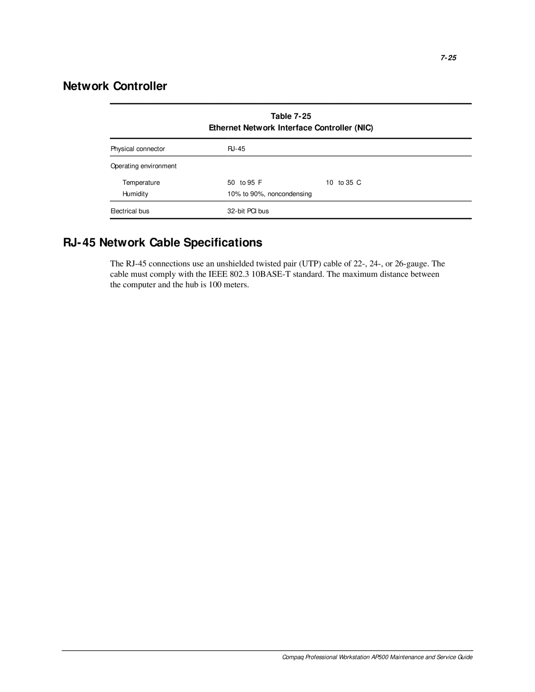 Compaq AP500 manual Network Controller, RJ-45 Network Cable Specifications, Ethernet Network Interface Controller NIC 