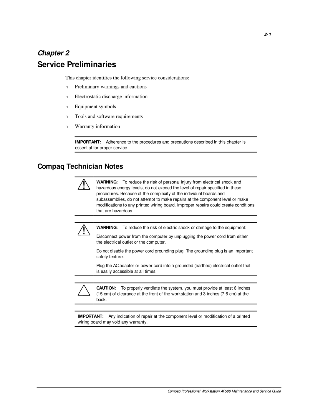 Compaq AP500 manual Service Preliminaries, Compaq Technician Notes 