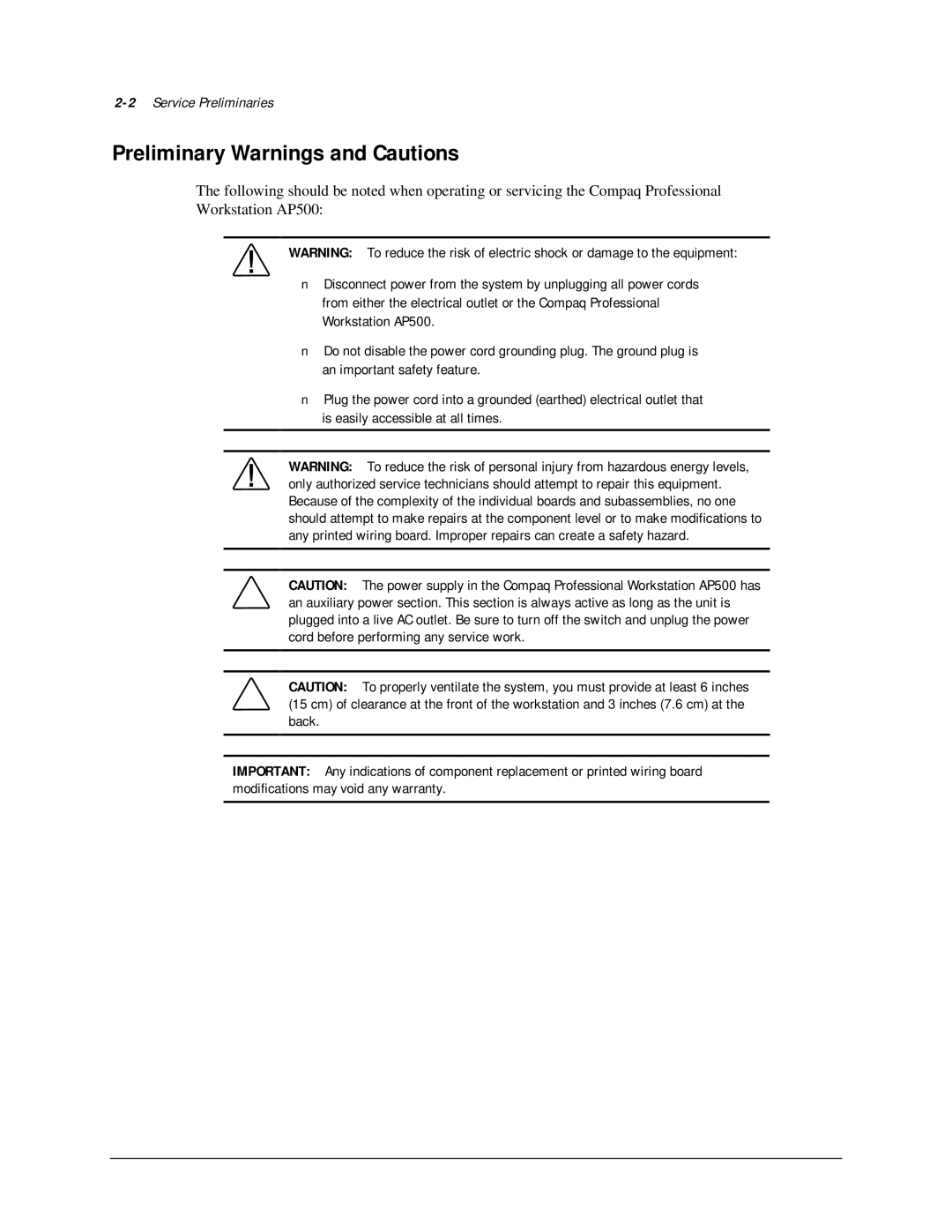 Compaq AP500 manual Preliminary Warnings and Cautions, 2Service Preliminaries 