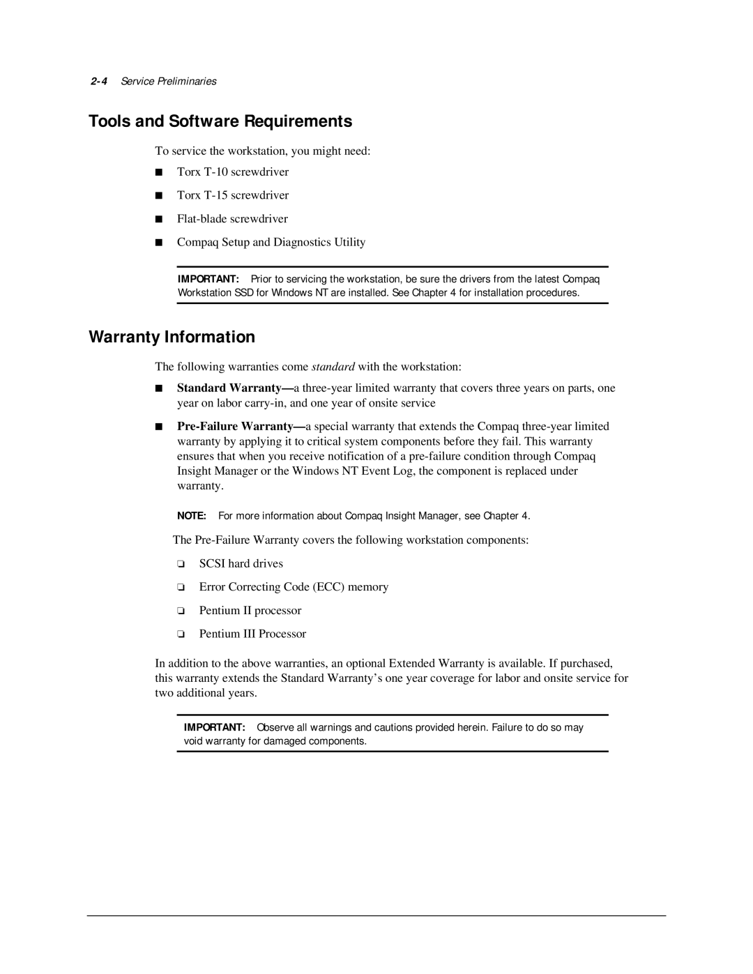 Compaq AP500 manual Tools and Software Requirements, Warranty Information, 4Service Preliminaries 